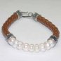 Genuine 7mm Pearl Sterling Silver And Leather Bracelet