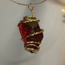 Red Swirled with Green Glass Nugget with Twisted Gold Wire Pendant