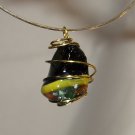 Deep Green Swirled with Yellow Glass Nugget with Gold Wire Pendant
