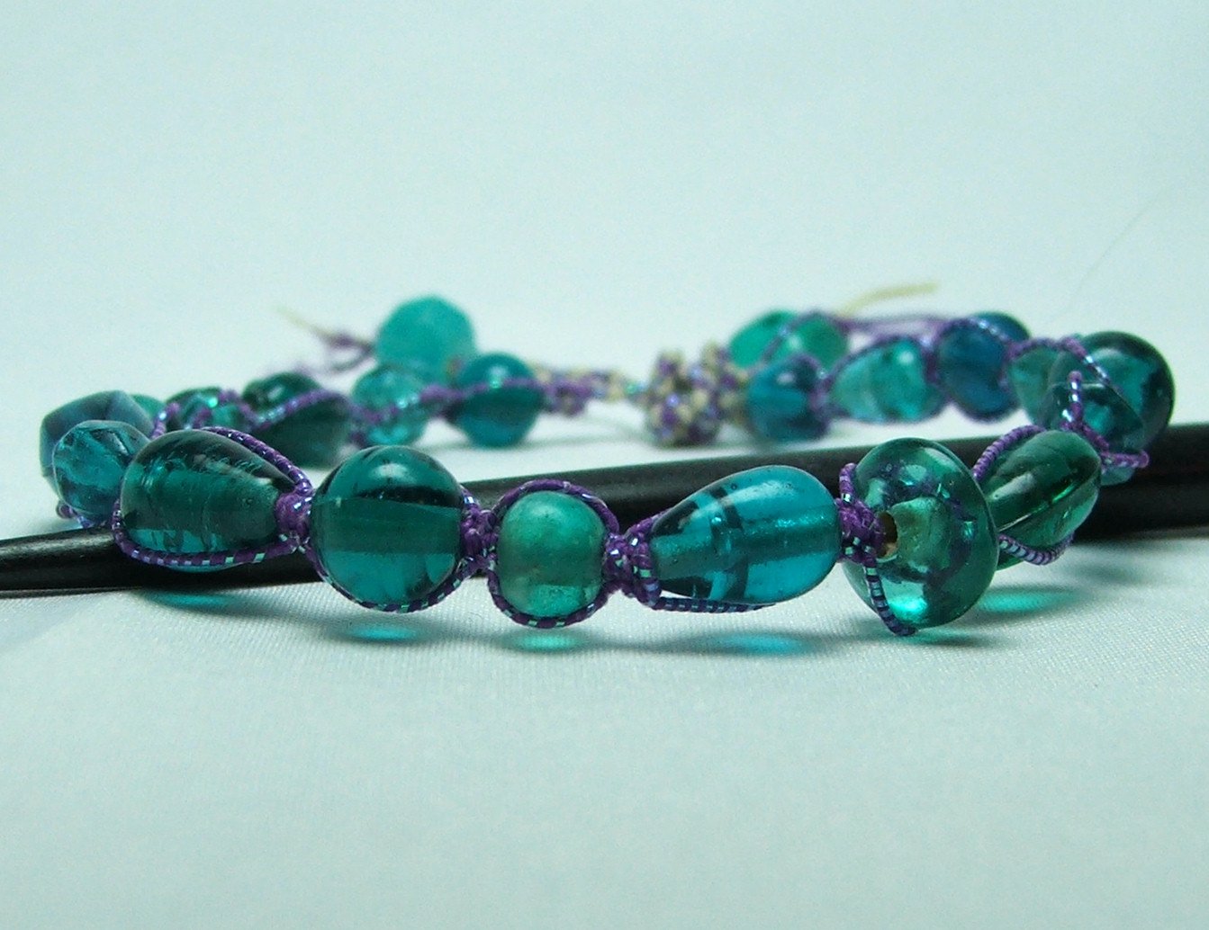 Aqua Glass Bead and Purple Macrame Bracelet