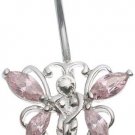 Stainless Steel Butterfly Sprite Pink CZ Banana Belly Ring