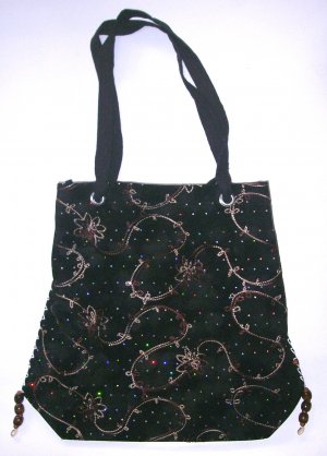lustrous beaded black felt  , womens boho fabric bag purse , hippy hippie student shoulder bag