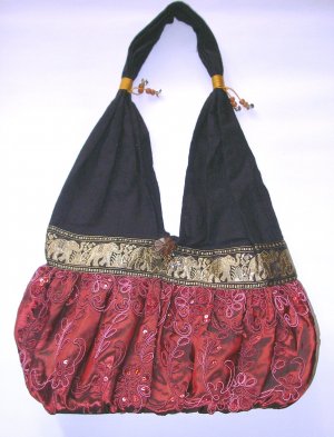 embroidered red silk womens shoulder bag purse , boho hippie