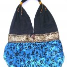 Free shipping velvet screen print silk purse in sky blue , boho hippie bag