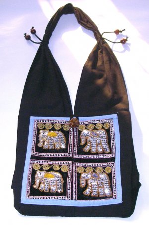 elephants beaded hippie shoulder bag , light blue trim purse
