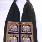 beaded black hippie bag , light brown trim purse , unisex