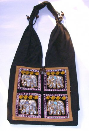 beaded black hippie bag , light brown trim purse , unisex