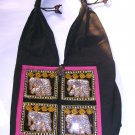 elephants beaded hippie bag purse , in black with pink trim , So Lovely