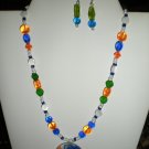 Blue and Orange Floral Necklace and Earrings