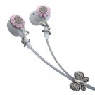 Pink Flowers Multi Clear Crystals Stainless Steel Jewelry Earbuds Earphones + iPhone Adapter