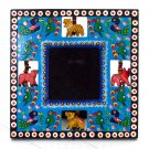 Handmade wedding gift craft wood photo frame pictures 3.5x3.5 blue hand carved Indian folk art