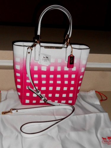 COACH MADISON GINGHAM SAFFIANO MINI BONDED TOTE HANDBAG PINK RUBY MODEL 30136