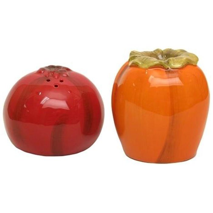 Salt and Pepper Shakers Pomegranate & Persimmon Fruits Porcelain Shaker Set 2pc
