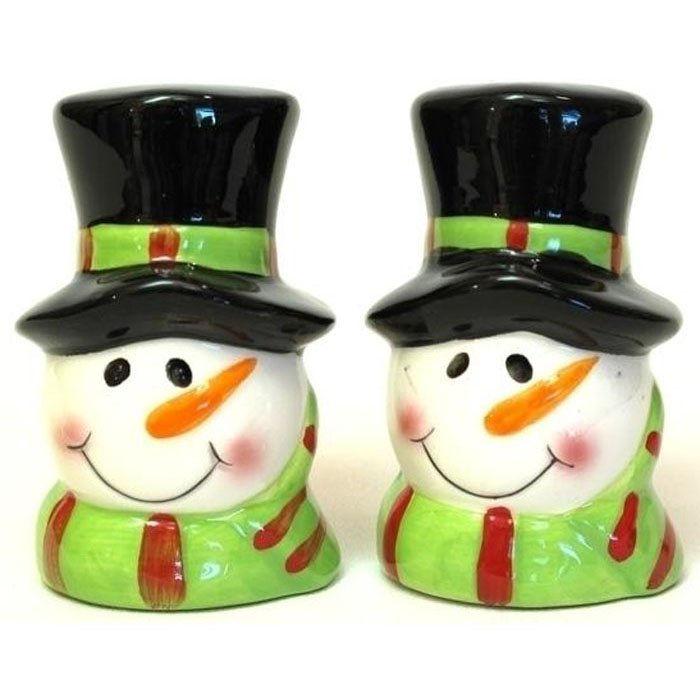 Salt and Pepper Shakers Dapper Snowman in Top Hat Holiday Porcelain Shaker Set 2pc