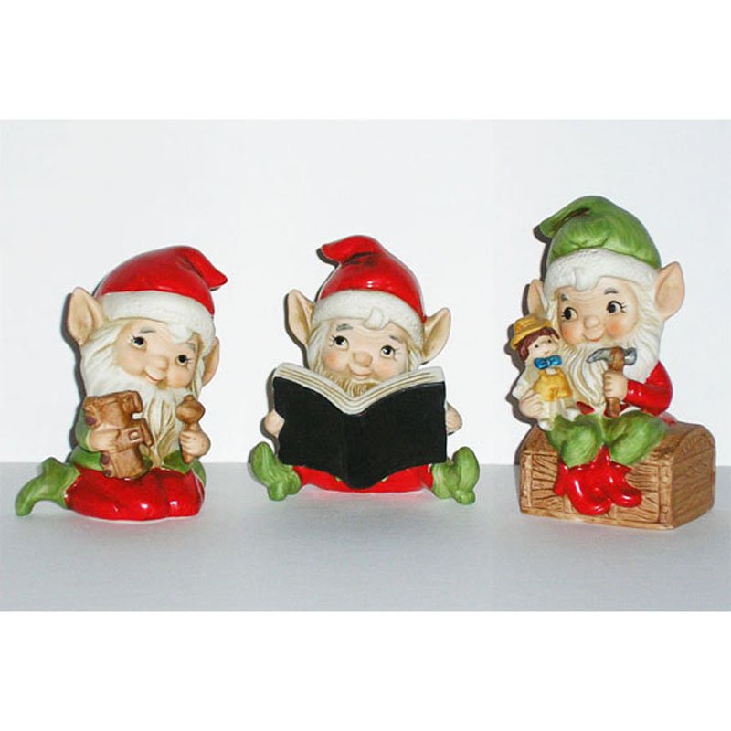 SOLD Toymaker Elves Homco Figurines Porcelain Bisque Vintage Set of 3 ...