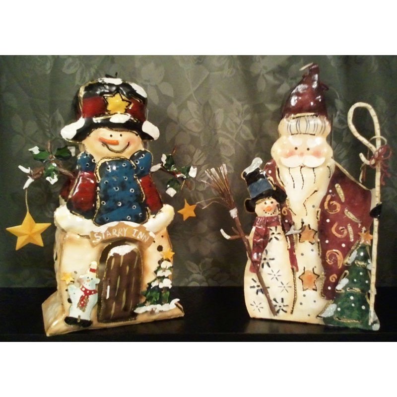 Rustic Santa and Snowman Candle Holders Tin Set of 2 with 8 Cinnamon Scented Tealight Candles