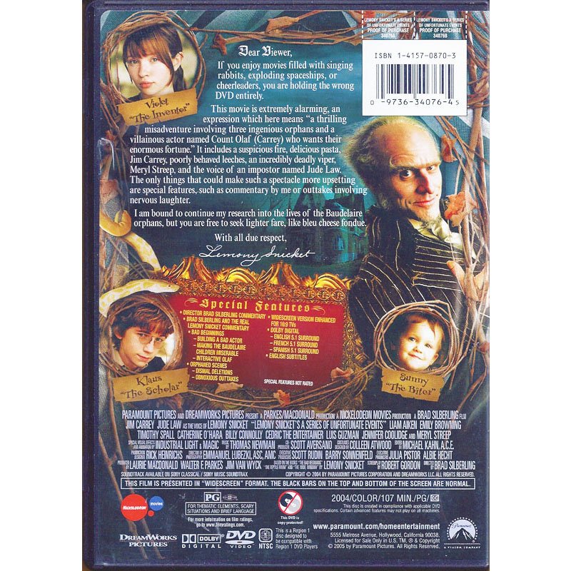 Lemony Snicket's A Series of Unfortunate Events DVD Jim Carrey Jude Law ...