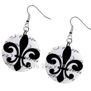 Black White Fleur De Lis Design Dangle Earrings A26778318
