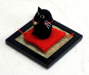 "Cocoon Doll" Japanese Hand Made  Black Cat on Zabuton