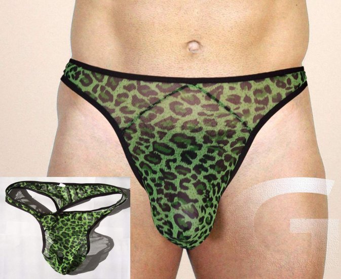 N3012 Leopard Print HOT MEN MESH THONG Semi SEE-THRU green