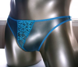 H1543 MENs Bikini Rio Back C-thru Sheer Lace Turq Blue