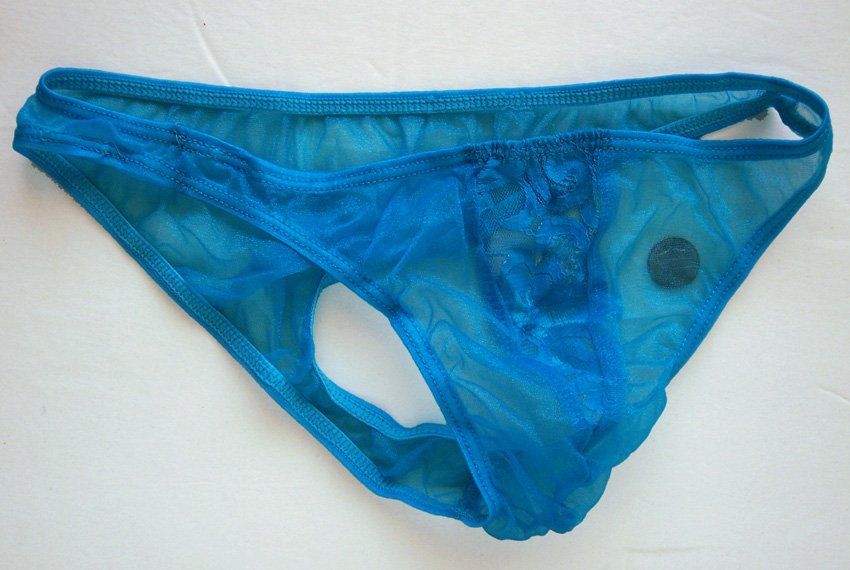 H1543 MENs Bikini Rio Back C-thru Sheer Lace Turq Blue