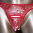 G228D Men Sheer Thong Floral Metallic Print Pouch Open RED