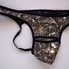 G228D Men Sheer Thong Floral Metallic Print Pouch Open Black