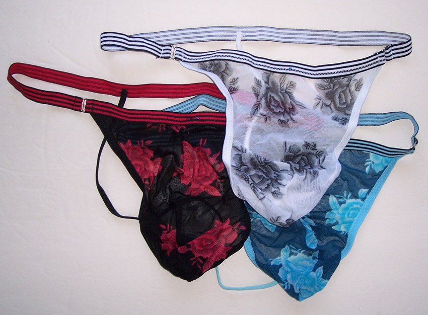 G225 Mens String Thong Mesh Posing Pouch Floral Printed 3 pairs