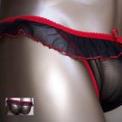 RC4467 Men String Bikini Ruffle Mesh Red Trim Black