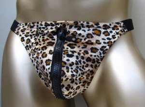 R384 Hot Mens Leopard printed String Thong Velour Zipper Pouch Brown A