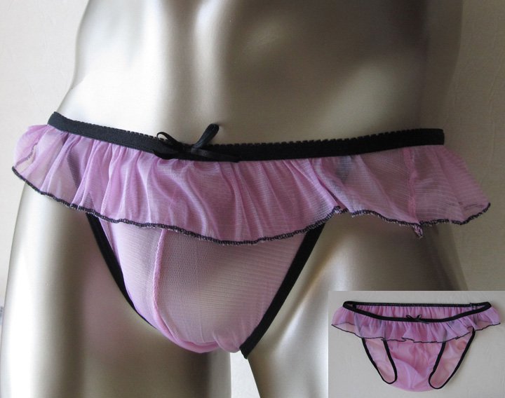 RC4467 Men String Bikini Ruffle Mesh Black Trim Lt.Pink