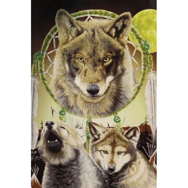 Three wolf heads with an American Indian dream catcher queen size mink style blanket