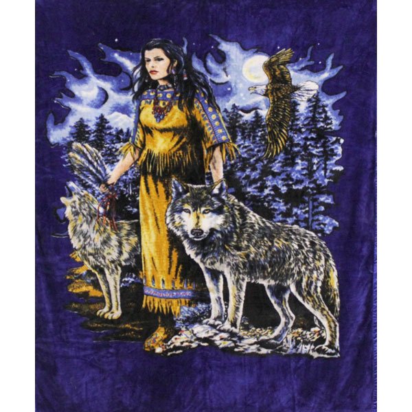 Indian Maiden Wolf Animal Queen Blue Background Mink Style Blanket