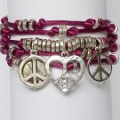 Peace Sign Charms Burgundy Wrap Bracelet