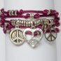 Peace Sign Charms Burgundy Wrap Bracelet