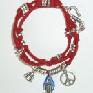 Peace Sign, Hamsa, Buddha Red Wrap Charm Bracelet.  Jewelry by Charmeddesign1012