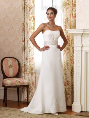 Column sleeveless Custom made white satin  bridal gown 110206