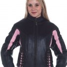 Ladies Motorcycle Racer Leather jacket Pink Stripes zip out