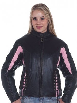 Ladies Motorcycle Racer Leather jacket Pink Stripes zip out