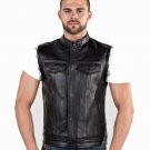 Mens Motorcycle Biker Leather Vest Jacket w/ Pockets