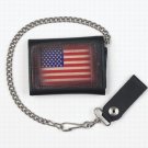Motorcycle Biker Trifold Chain Leather Wallet USA Flag