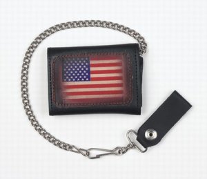 Motorcycle Biker Trifold Chain Leather Wallet USA Flag