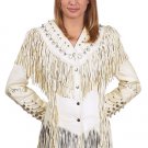 Ladies Off-White Leather Jacket w/ Beads, Studs, Bone & Fringe w/ Snaps