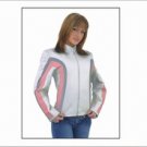 Ladies Motorcycle Racer Leather jacket Silver Pink Stripes Zip out Lining inside