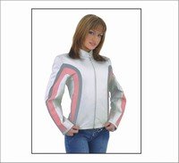 Ladies Motorcycle Racer Leather jacket Silver Pink Stripes Zip out Lining inside