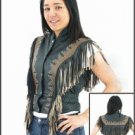 Ladies Black & Brown Vest w/ Beads, Bone, Braid & Fringe w/ Snaps