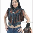 Ladies Black & Orange Flame Vest w/ Beads, Bone, Braid & Fringe w/ Snaps