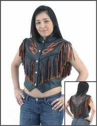 Ladies Black & Orange Flame Vest w/ Beads, Bone, Braid & Fringe w/ Snaps