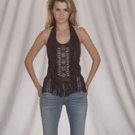 Ladies Top Black w/ Beads, Bone, Braid & Fringe